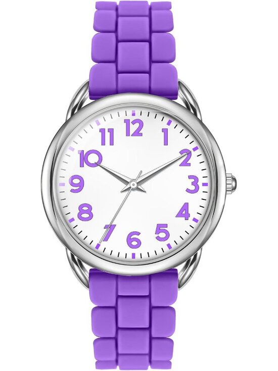 Women\'s Purple White Big Face Easy Reader Silicone Strap Waterproof 35MM Watch